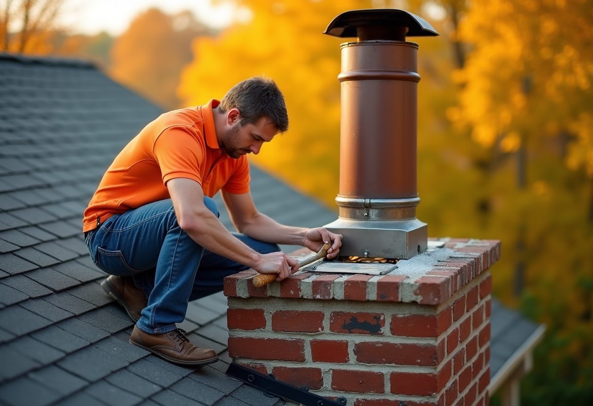 Technician repairing a brick chimney crown — Mill Creek